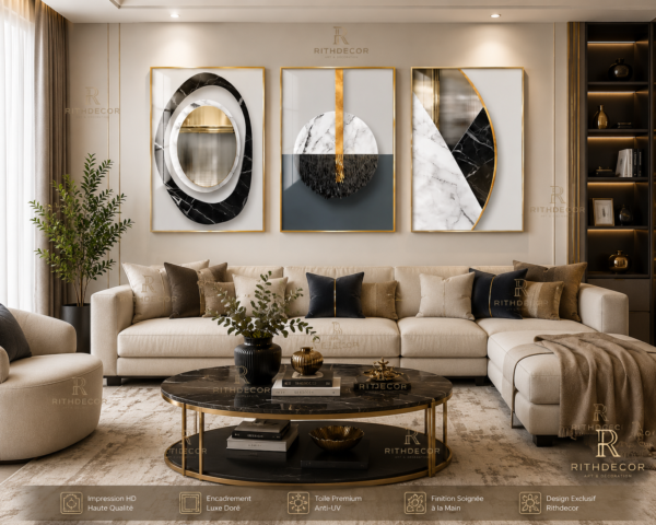 89B3085C-EABE-4BF7-A74B-24D5E076EA44 Triptyque Abstrait Luxe Noir, Blanc & Doré – Cadres Décoratifs Modernes Effet Marbre et Cristal