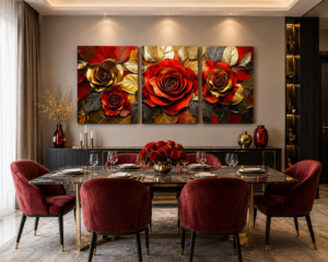 98EAF9B2-CD7C-4F1A-B0A1-7CEECE23EF98 Cadre sur Toile Canvas Roses Rouges et Dorées – Ensemble Floral Élégant 18 x 24 pouces
