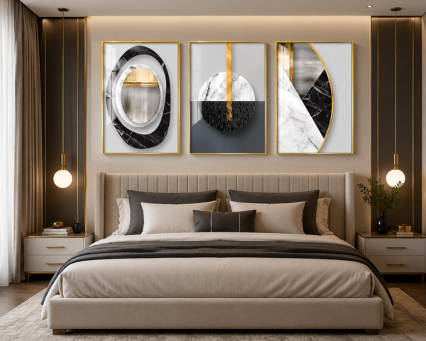 BAFE15FF-D360-4B73-A388-8B143DBAE188 Triptyque Abstrait Luxe Noir, Blanc & Doré – Cadres Décoratifs Modernes Effet Marbre et Cristal