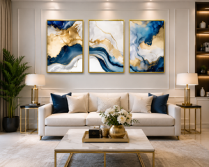C5F8D8B4-CBAD-4B5D-815B-AA3F4F3C4E9D Cadre Abstrait Marbre Bleu et Doré – Ensemble Luxe 3 Pièces 50x70 cm