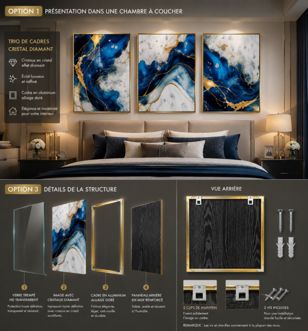 C71EE5AF-AEEB-4866-BCE0-0147BA1786B9 Cadre Abstrait Marbre Bleu et Doré – Ensemble Luxe 3 Pièces 50x70 cm