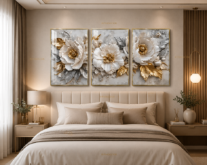 Trio de Cadres Décoratifs Cristal Porcelaine Diamant – Fleurs Blanches Luxe