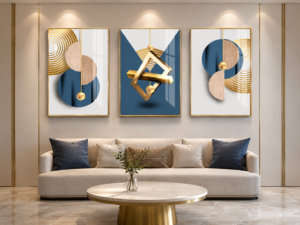 CCF2E3C6-CBD5-440D-8DBA-8DDCECC93264 Cadre Mural Cristal Porcelaine en Diamant – Ensemble 3 Pièces 50x70 cm | Design Géométrique Moderne | Cadre Doré 50x70cm