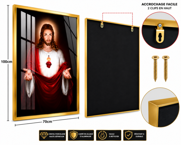E2AF974E-3E23-46E6-9277-0F310D2DC196 Cadre Religieux Jésus-Christ Sacré-Cœur en Cristal Porcelaine – 70x100 cm – Cadre Noir ou Doré