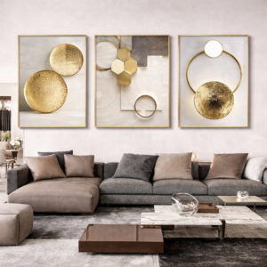 Trio Abstrait Luxe Doré – Cadres Cristal Porcelaine en Diamant