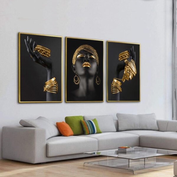 H99d216b6deb842f4b8fa2094e5e23bb7D Triptyque Femme Africaine Noir Doré