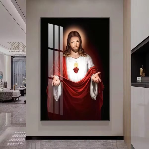IMG_0817 Cadre Religieux Jésus-Christ Sacré-Cœur en Cristal Porcelaine – 70x100 cm – Cadre Noir ou Doré