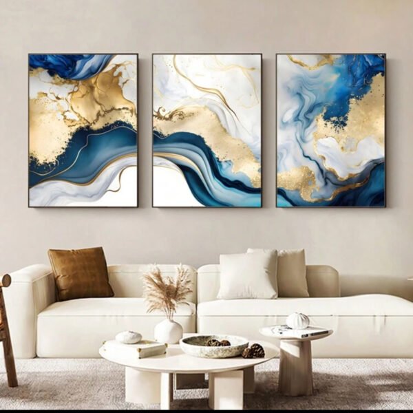 IMG_1587 Cadre Abstrait Marbre Bleu et Doré – Ensemble Luxe 3 Pièces 50x70 cm