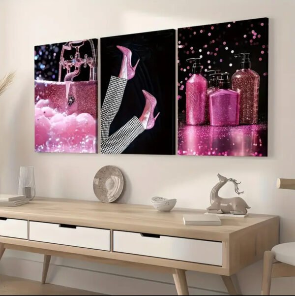 Cadre Décoratif sur Toile Canvas – Élégance Rose Glamour 45 x 60 cm (Lot de 3)