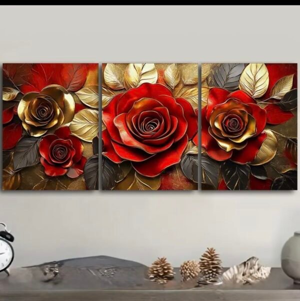Cadre sur Toile Canvas Roses Rouges et Dorées – Ensemble Floral Élégant 50x70 cm