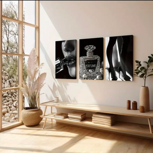 🖤 Ensemble de 3 Cadres Décoratifs Glamour Noir & Argent – Toile Canvas 18 x 24 pouces