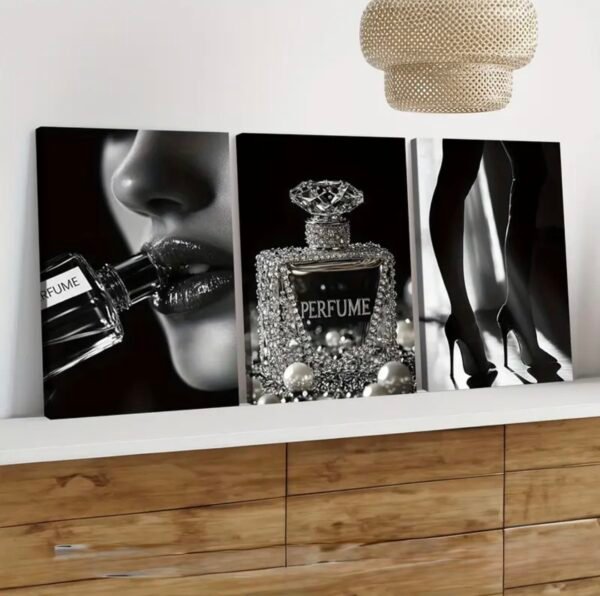 🖤 Ensemble de 3 Cadres Décoratifs Glamour Noir & Argent – Toile Canvas 18 x 24 pouces