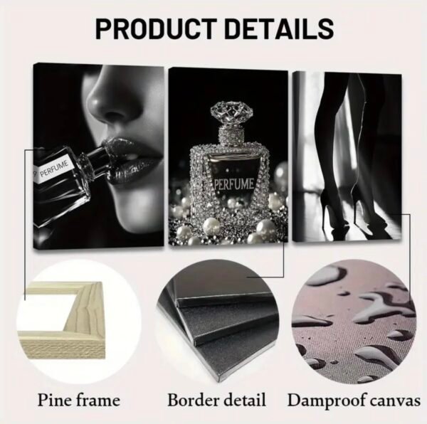 🖤 Ensemble de 3 Cadres Décoratifs Glamour Noir & Argent – Toile Canvas 18 x 24 pouces