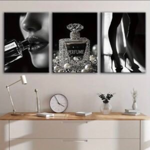 🖤 Ensemble de 3 Cadres Décoratifs Glamour Noir & Argent – Toile Canvas 18 x 24 pouces