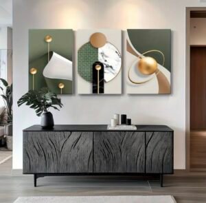 Triptyque Abstrait Vert Sauge et Or