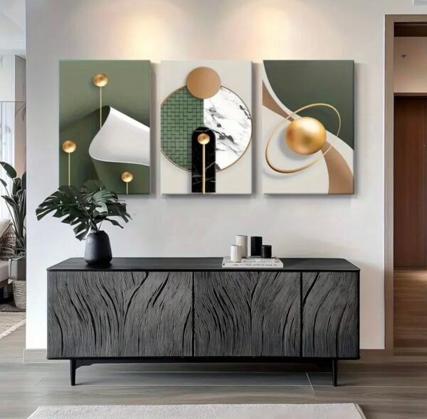 Triptyque Abstrait Vert Sauge et Or