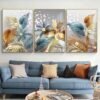 Cadre Décoratif en Cristal Porcelaine – Feuilles Dorées et Bleues de Luxe 50 x 70 cm (Lot de 3)