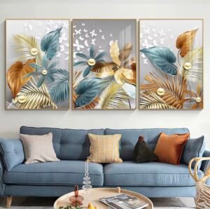 Screenshot Cadre Décoratif en Cristal Porcelaine – Feuilles Dorées et Bleues de Luxe 50 x 70 cm (Lot de 3)