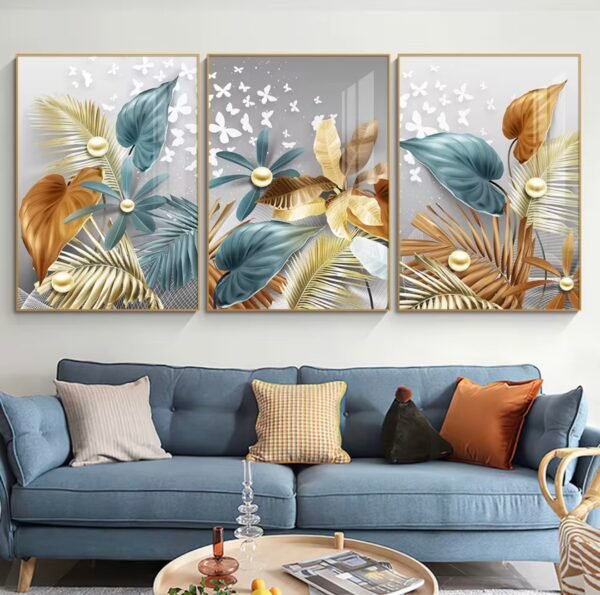 Cadre Décoratif en Cristal Porcelaine – Feuilles Dorées et Bleues de Luxe 50 x 70 cm (Lot de 3)
