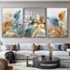 Cadre Décoratif en Cristal Porcelaine – Feuilles Dorées et Bleues de Luxe 50 x 70 cm (Lot de 3)