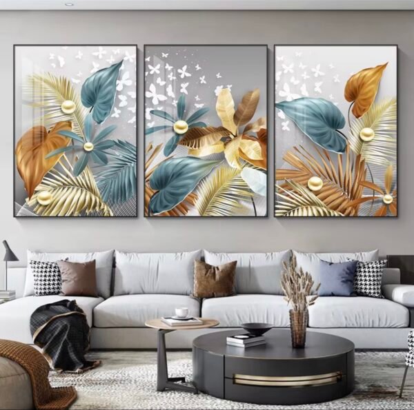 Cadre Décoratif en Cristal Porcelaine – Feuilles Dorées et Bleues de Luxe 50 x 70 cm (Lot de 3)