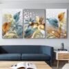 Cadre Décoratif en Cristal Porcelaine – Feuilles Dorées et Bleues de Luxe 50 x 70 cm (Lot de 3)