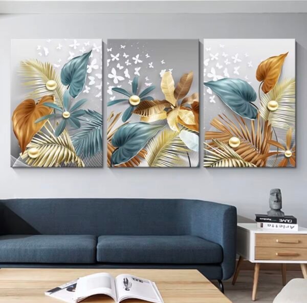 Cadre Décoratif en Cristal Porcelaine – Feuilles Dorées et Bleues de Luxe 50 x 70 cm (Lot de 3)