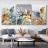 Cadre Décoratif en Cristal Porcelaine – Feuilles Dorées et Bleues de Luxe 50 x 70 cm (Lot de 3)