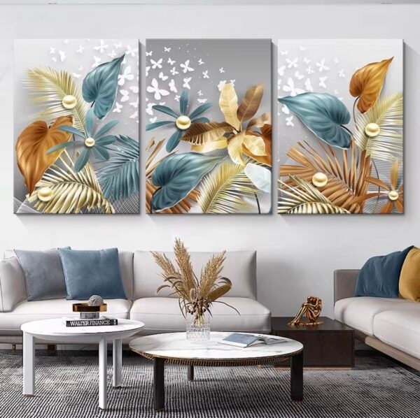 Cadre Décoratif en Cristal Porcelaine – Feuilles Dorées et Bleues de Luxe 50 x 70 cm (Lot de 3)