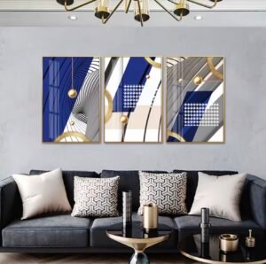 Lot de 3 Cadres Muraux Modernes Bleu Royal et Doré – Cristal Porcelaine Effet Diamant – 50x70 cm