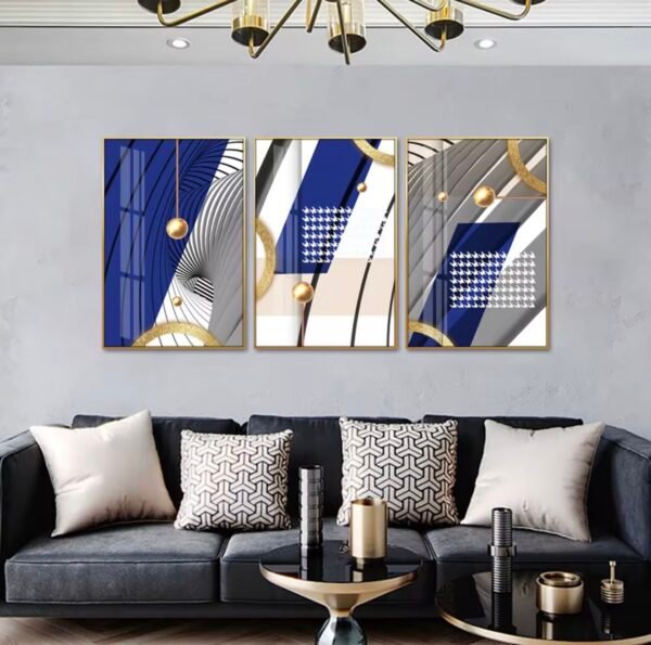 Screenshot Lot de 3 Cadres Muraux Modernes Bleu Royal et Doré – Cristal Porcelaine Effet Diamant – 50x70 cm