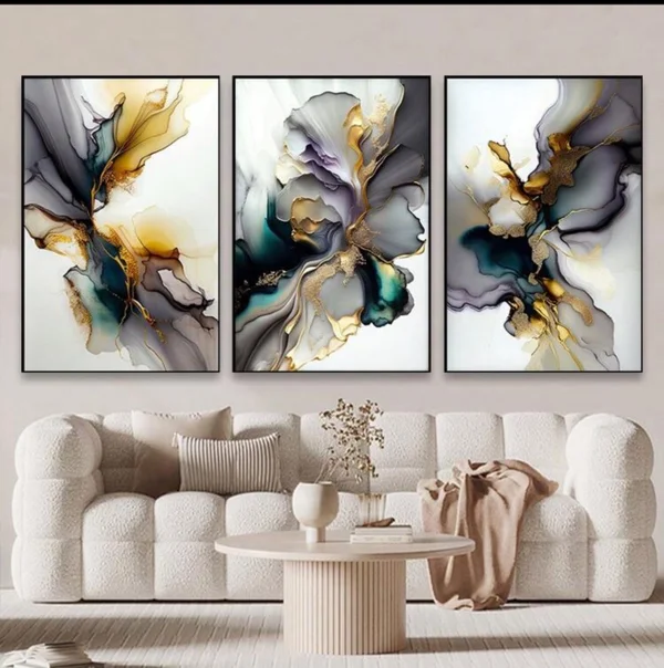 RITHDECOR  Triptyque Abstrait Moderne Luxe – Cadres Décoratifs Élégants blanc,mauve et Dore | Art Mural Contemporain pour Salon