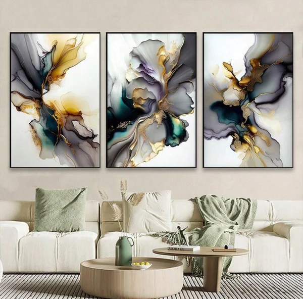 RITHDECOR  Triptyque Abstrait Moderne Luxe – Cadres Décoratifs Élégants blanc,mauve et Dore | Art Mural Contemporain pour Salon