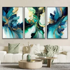 Triptyque Abstrait Bleu Luxe – Tableaux Décoratifs Modernes Effet Marbre et Aquarelle pour Salon Chic