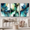 Triptyque Abstrait Bleu Luxe – Tableaux Décoratifs Modernes Effet Marbre et Aquarelle pour Salon Chic