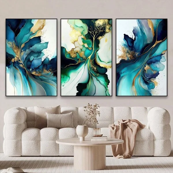 Triptyque Abstrait Bleu Luxe – Tableaux Décoratifs Modernes Effet Marbre et Aquarelle pour Salon Chic