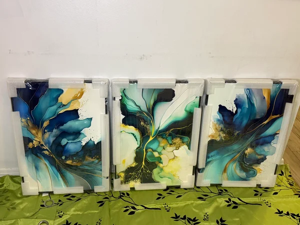 Triptyque Abstrait Bleu Luxe – Tableaux Décoratifs Modernes Effet Marbre et Aquarelle pour Salon Chic