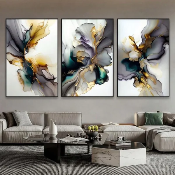RITHDECOR  Triptyque Abstrait Moderne Luxe – Cadres Décoratifs Élégants blanc,mauve et Dore | Art Mural Contemporain pour Salon