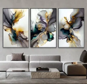RITHDECOR  Triptyque Abstrait Moderne Luxe – Cadres Décoratifs Élégants blanc,mauve et Dore | Art Mural Contemporain pour Salon