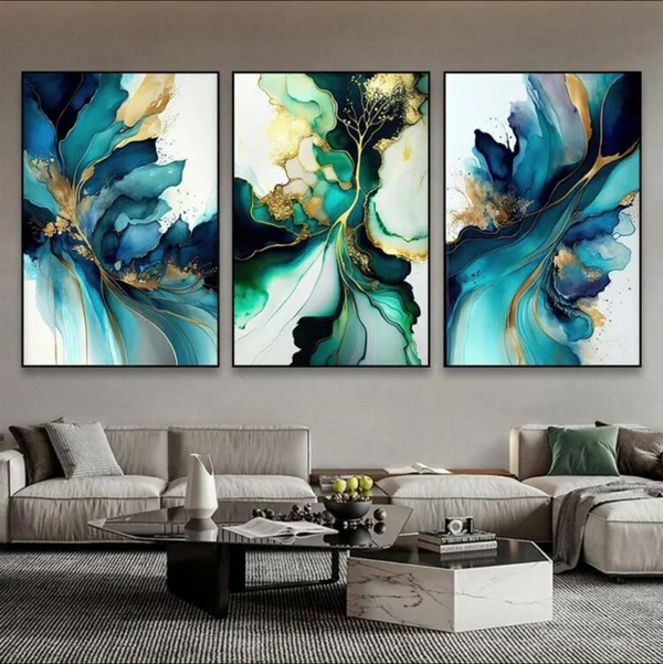 Triptyque Abstrait Bleu Luxe – Tableaux Décoratifs Modernes Effet Marbre et Aquarelle pour Salon Chic