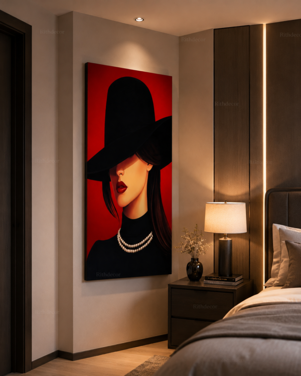 0AB5D244-863E-4B7E-A22C-8F8A88236D64 Art Mural Abstrait Femme au Chapeau Noir – Tableau Décoratif sur Toile 60 x 120 cm