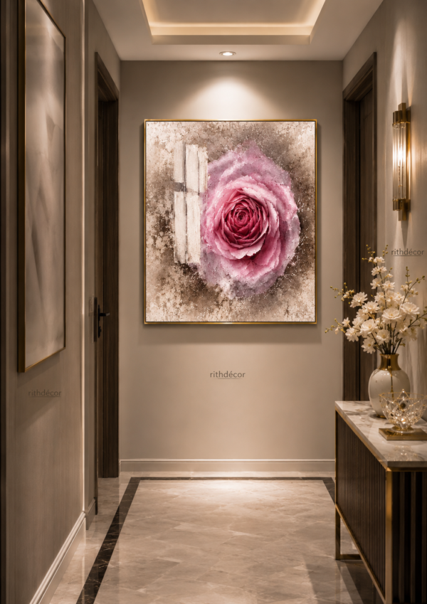 187DDC99-B1C0-4889-A299-C7AE178E52A5 Cadre Décoratif Cristal Porcelaine Rose – 70 x 100 cm – Encadrement Doré