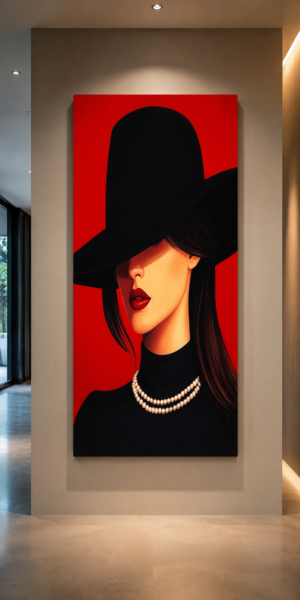 3ED150EB-D3CA-43F5-BFDA-24A62B7799CC Art Mural Abstrait Femme au Chapeau Noir – Tableau Décoratif sur Toile 60 x 120 cm