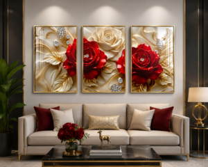 4113A360-468F-472C-9851-BB8208F0774F Ensemble de 3 Cadres Décoratifs Roses Rouges en Cristal Porcelaine – 50 x 70 cm – Cadre Noir