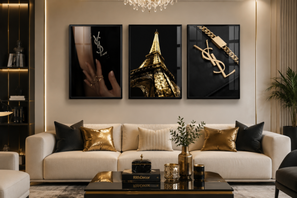 42327981-3F75-4590-B987-4D95DACACEAD Ensemble de 3 Cadres Décoratifs Luxe Noir et Doré – 50 x 70 cm