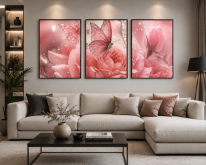 Papillons Roses & Fleurs Élégantes – Ensemble de 3 Cadres Décoratifs
