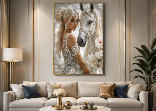 Princesse de Perles et Cheval Blanc – Tableau Décoratif de Luxe