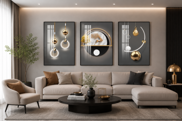 Cadre Décoratif Cristal Porcelaine Diamant – Ensemble 3 Pièces 50x70 cm | Cadre Doré ou Noir