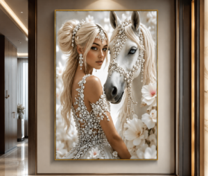 Princesse de Perles et Cheval Blanc – Tableau Décoratif de Luxe