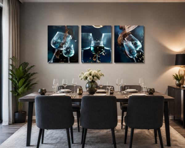 Ensemble de 3 Tableaux Décoratifs Verres à Vin – Salle à Manger – 50 x 70 cm chacun